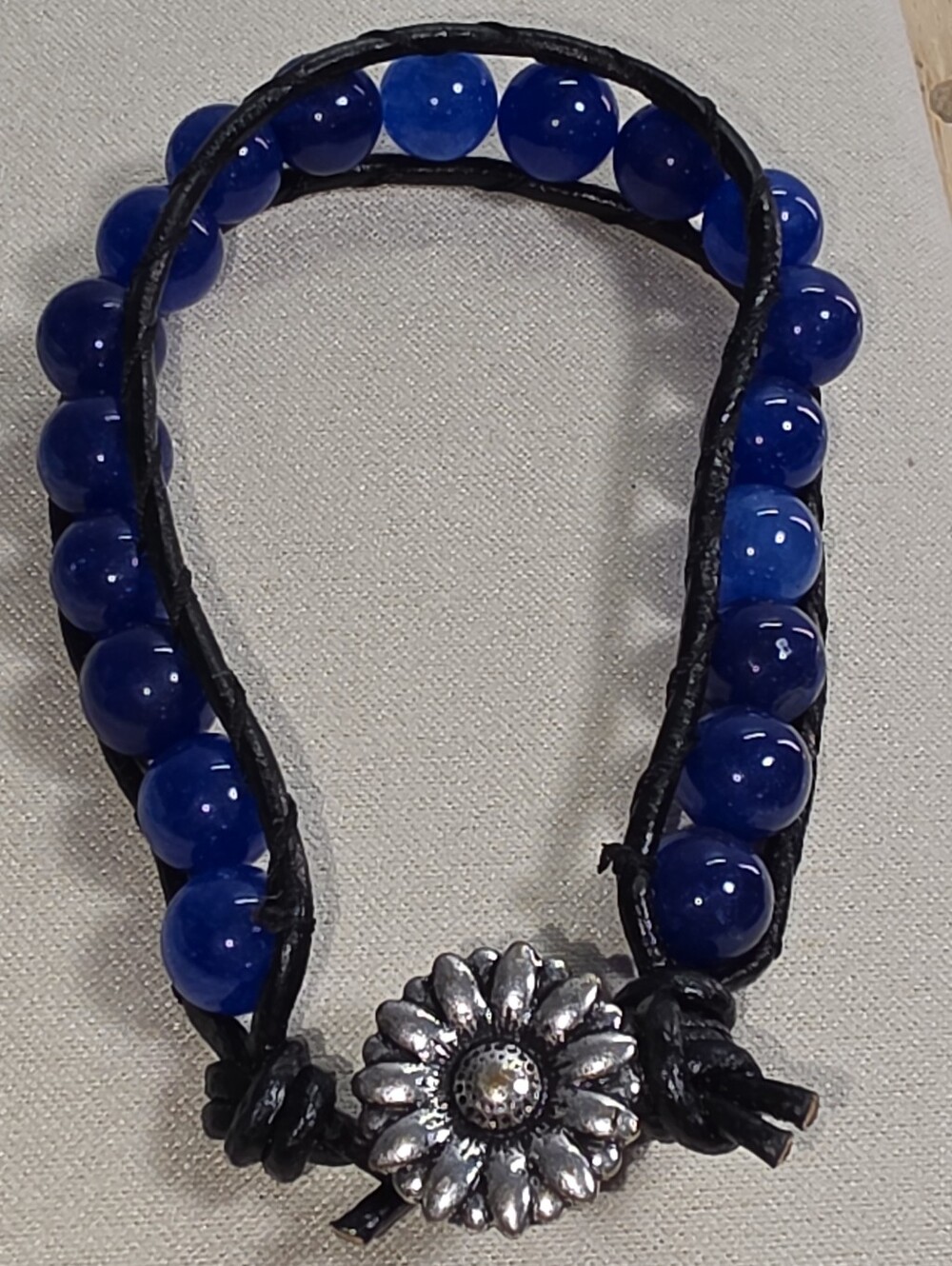 #2625, Lapis Lazuli Gemstone Leather Ladder Bracelet,7.5" sunflower button
